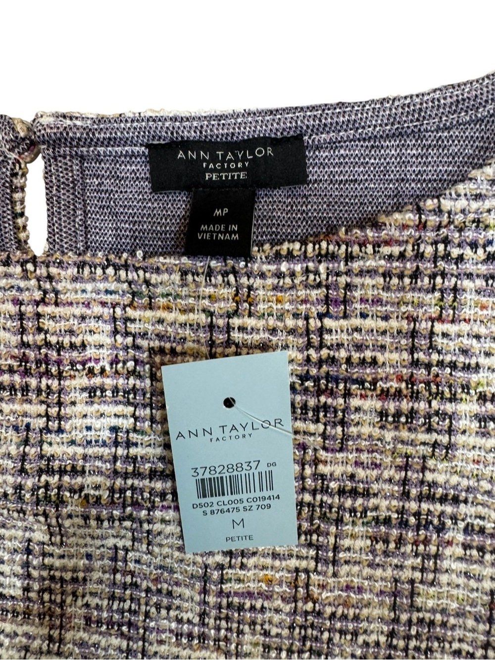 Ann Taylor Petite Tweed Knit Top Short Sleeve Pearl Pocket Gray MP NWT - Picture 2 of 8
